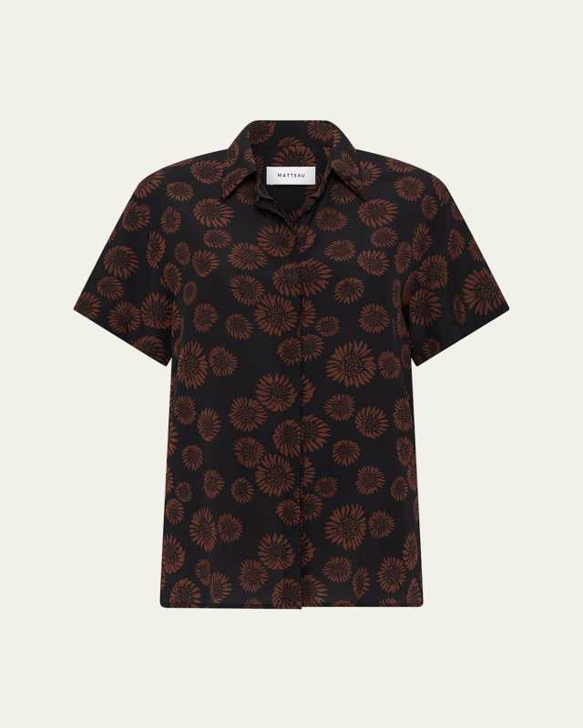 Printed Short-Sleeve Oversized Silk Shirt